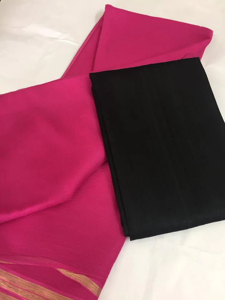 Pure silk chiffon saree with pure raw silk blouse - Rose & black